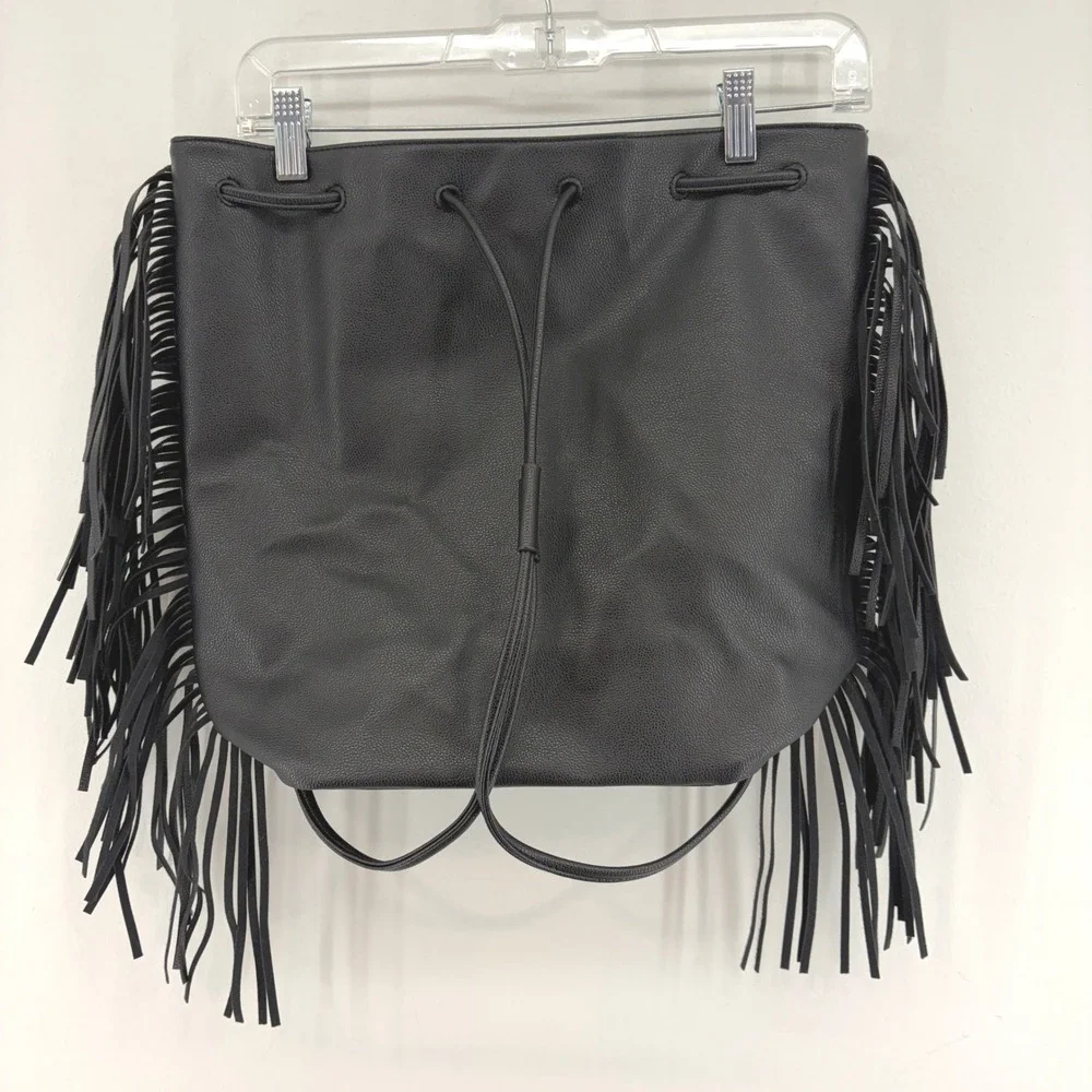 Victorias Secret Black Fringe Bucket Backpack Faux Leather NEW Boho Western Chic